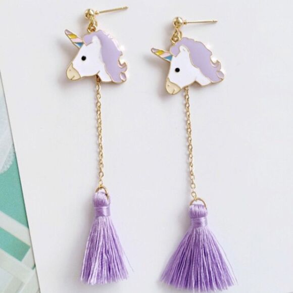 (i1) Purple Unicorn Tassel Earrings - Picture 2 of 5